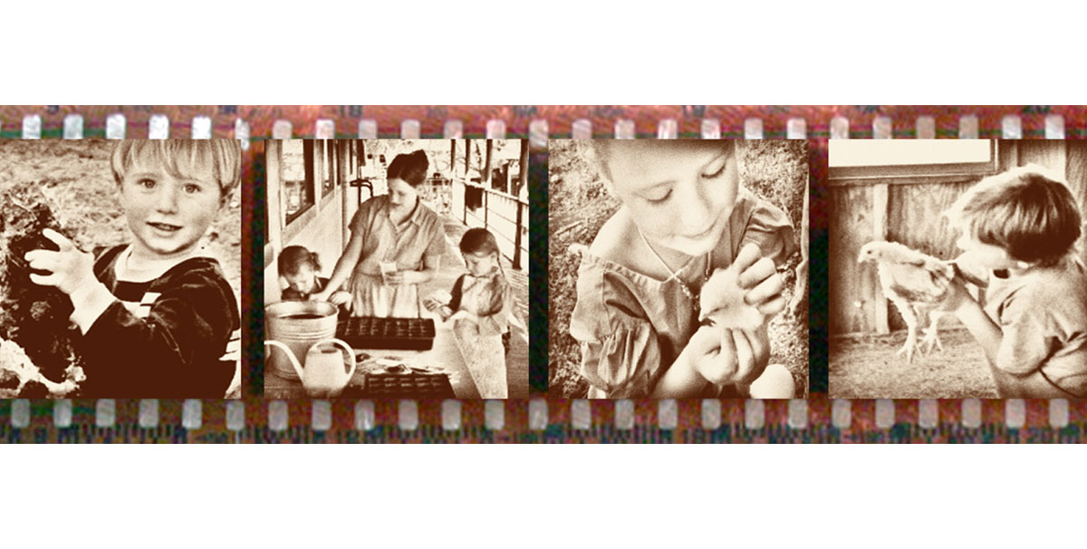 Sepia photo collage of children holding animals and planting seeds with their mother